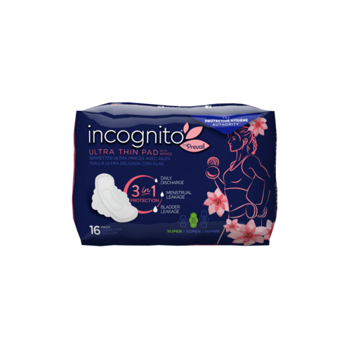 Incognito by Prevail Absorbent 3-in-1 Protective Postpartum Super Absorbent Ultra Thin Pad with Wings for Menstrual and Bladder Leaks, 9 hours of Protection with Odor Guard, 16 Count