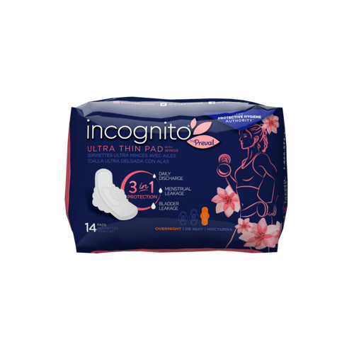 Incognito by Prevail Absorbent 3-in-1 Protective Postpartum Overnight Ultra Thin Pad with Wings for Menstrual and Bladder Leaks, 11 hours of Protection with Odor Guard, 14 Count