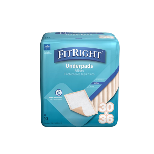 FitRight Fluff/Polymer Underpads, Heavy Absorbency, 30" x 36", Inner Packs of 10/Bag, 100/CS