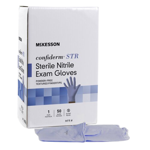 McKesson Exam Glove Confiderm STR Large Sterile Pair Nitrile Standard Cuff Length Textured Fingertips Blue Not Chemo Approved, 50/BX