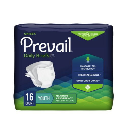 Prevail Incontinence Brief, Unisex, Maximum Absorbency, Size Youth, 16 count