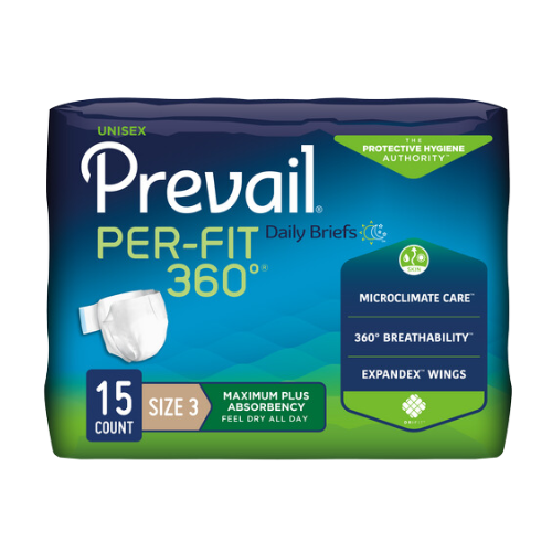 Prevail Per-Fit 360 Incontinence Briefs, Maximum Plus Absorbency, Size Three, 15 and 60 Counts