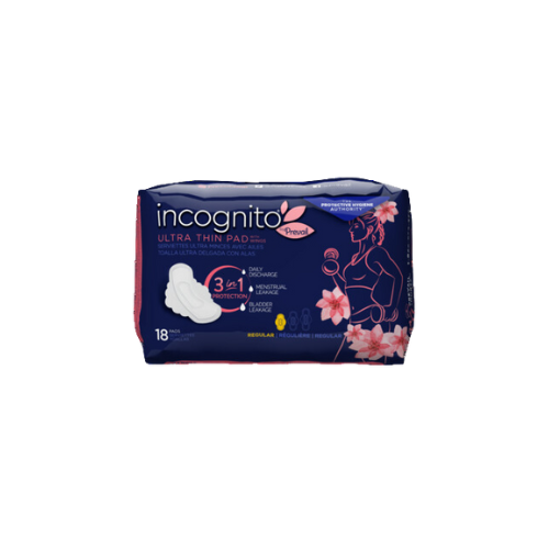 Incognito by Prevail Absorbent 3-in-1 Protective Postpartum Ultra Thin Pad with Wings for Menstrual and Bladder Leaks, 9 hours of Protection with Odor Guard, 18 count