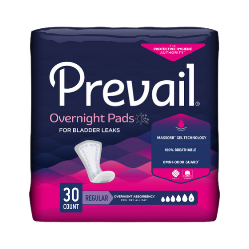 Prevail Incontinence Bladder Control Pads for Women, Overnight Absorbency, Regular Length, 30 count